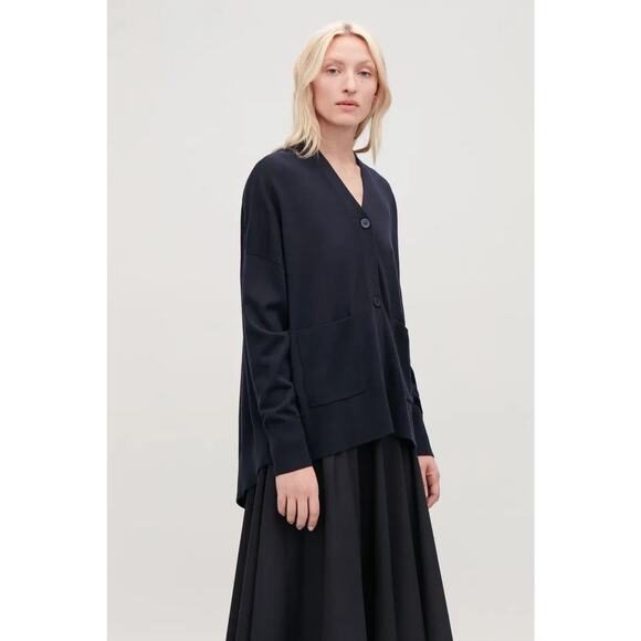 COS Back-Drape Wool Cardigan Navy Blue Size Large - Picture 3 of 7